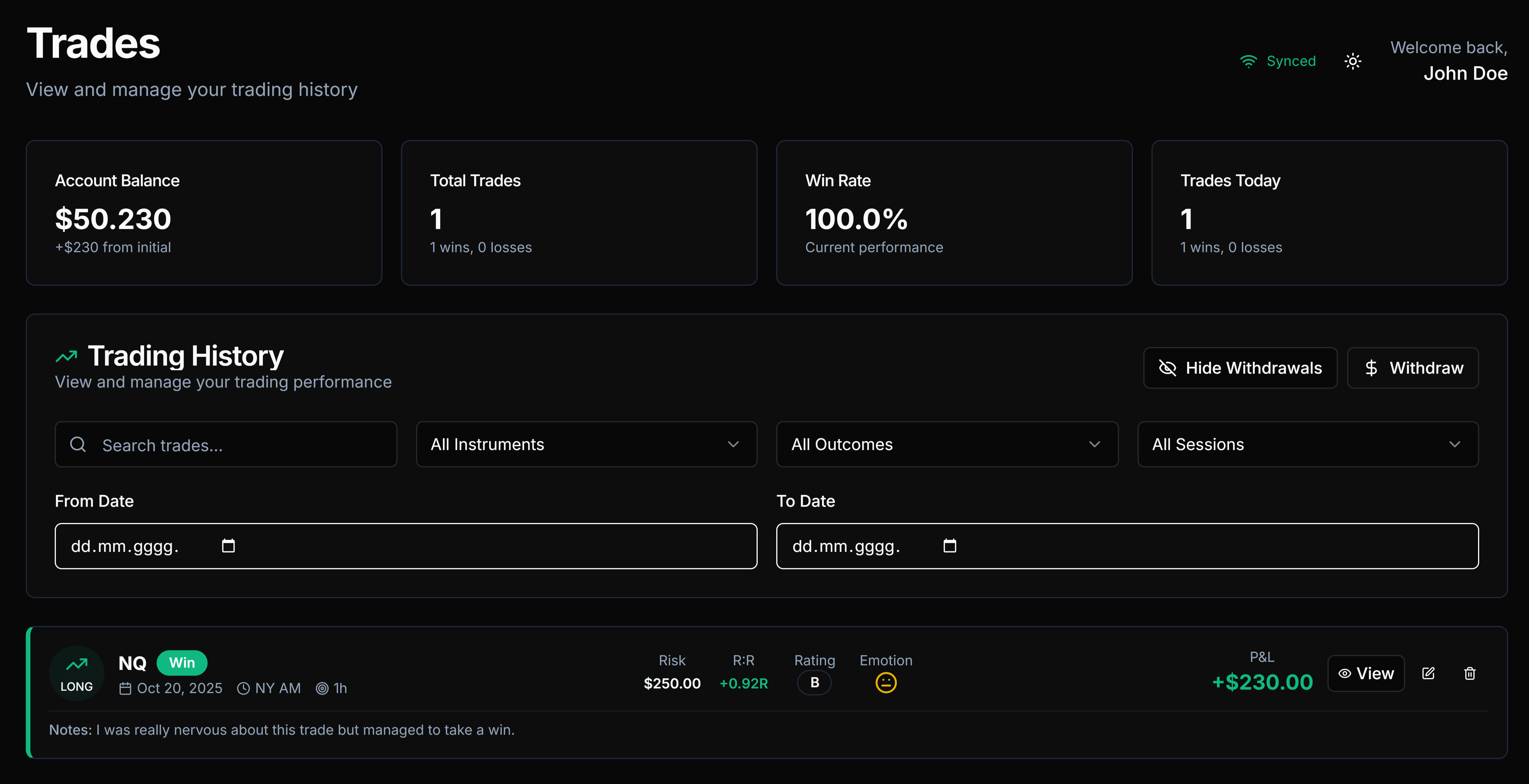 Risk Management Dashboard showing drawdown metrics, risk distribution, and trading analytics