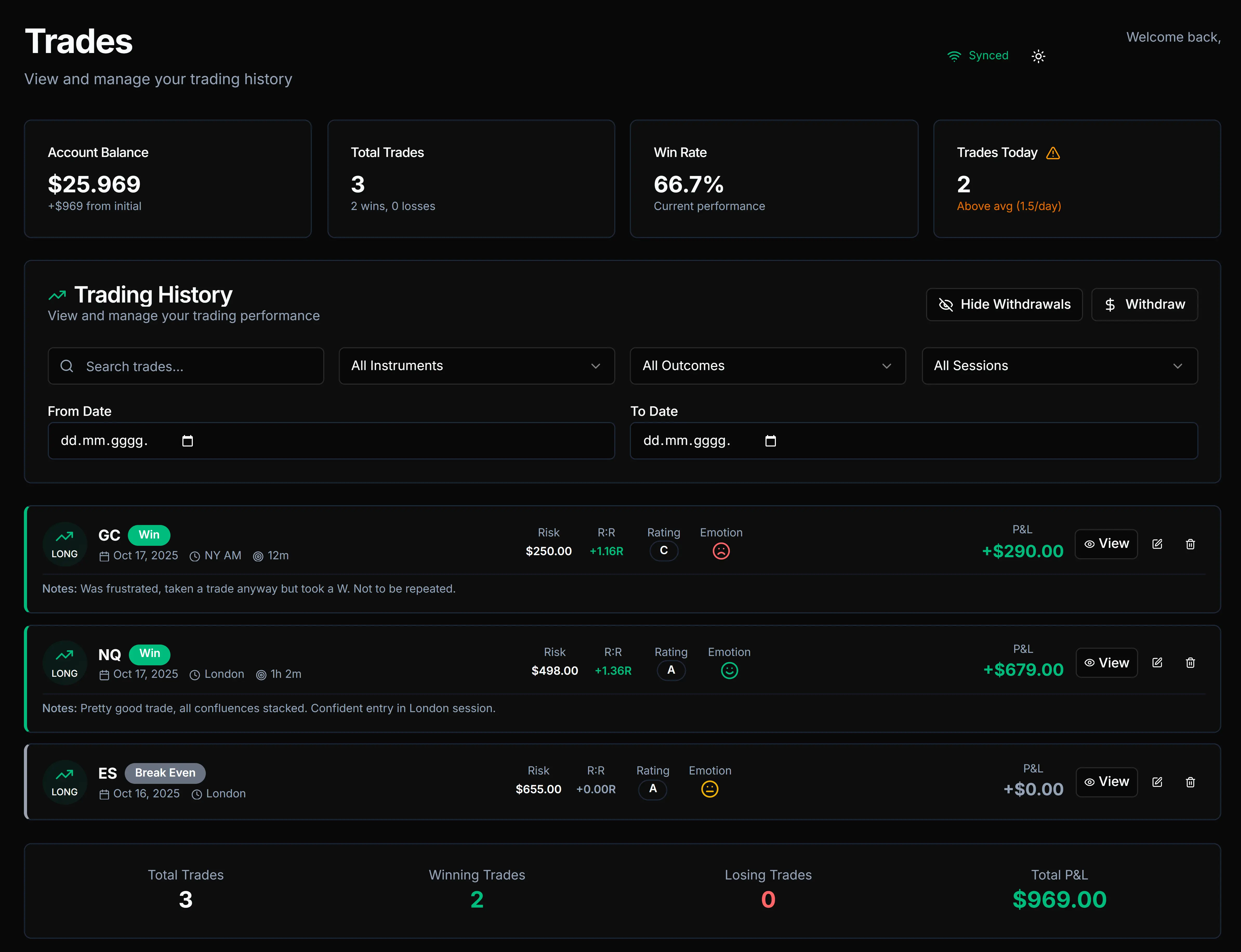 Trading history dashboard showing comprehensive trade tracking with filters, performance metrics, and detailed trade entries